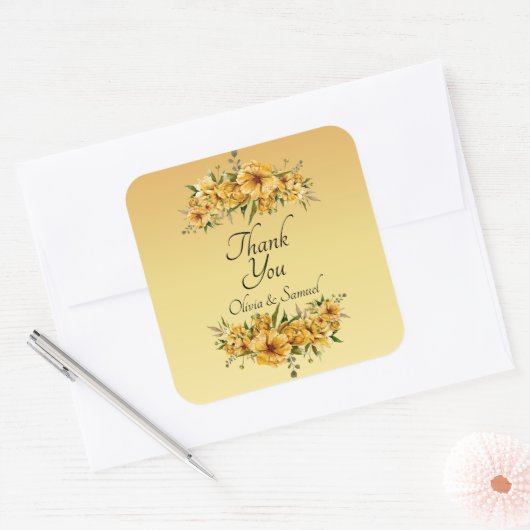 Dank u bruid, bruidegom namen gouden gele bloemen vierkante sticker (Envelop)