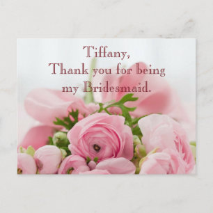 Dank u bruidsmeisje roze rozen briefkaart