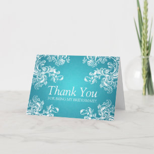 Dank u bruidsmeisje  wervelingen 2 turquoise bedankkaart