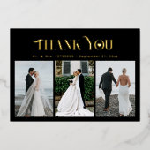 Dank u bruiloft 3 foto elegante gouden folie kaart (Voorkant)