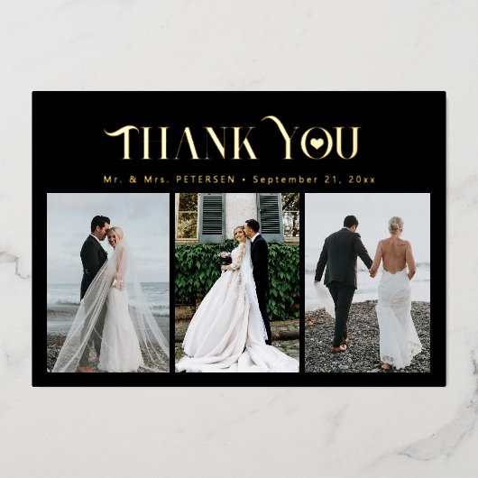 Dank u bruiloft 3 foto elegante gouden folie kaart (Voorkant)