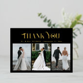 Dank u bruiloft 3 foto elegante gouden folie kaart (Staand Voorkant)