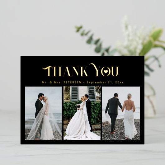 Dank u bruiloft 3 foto elegante gouden folie kaart (Staand Voorkant)