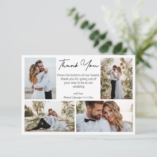 Dank u bruiloft 4 foto's collage minimalist kaart (Staand voorkant)