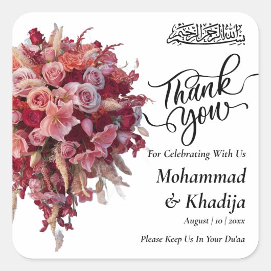 Dank u bruiloft boeket bloem Nikah Walima Vierkante Sticker (Voorkant)
