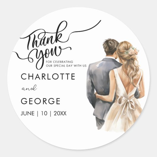 Dank u bruiloft bruid bruidegom terug Waterverf kl Ronde Sticker (Voorkant)