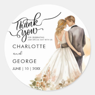 Dank u bruiloft bruid bruidegom terug Waterverf kl Ronde Sticker