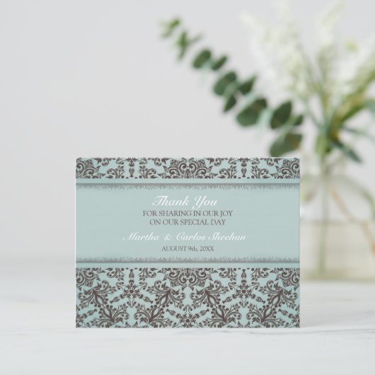 Dank u bruiloft Damask Briefkaart (Staand voorkant)
