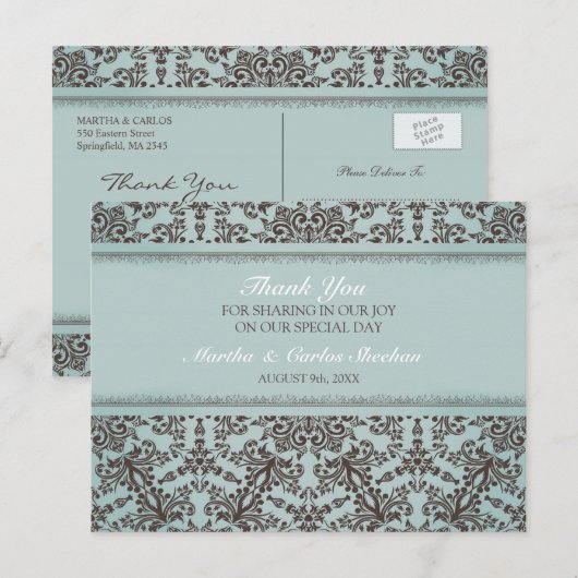 Dank u bruiloft Damask Briefkaart (Voorkant / Achterkant)