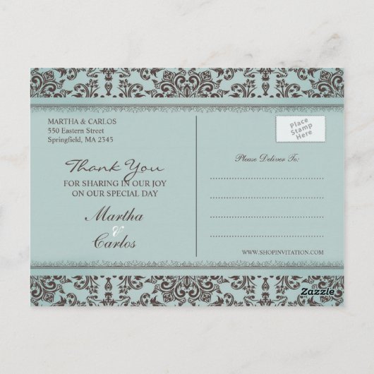 Dank u bruiloft Damask Briefkaart (Achterkant)