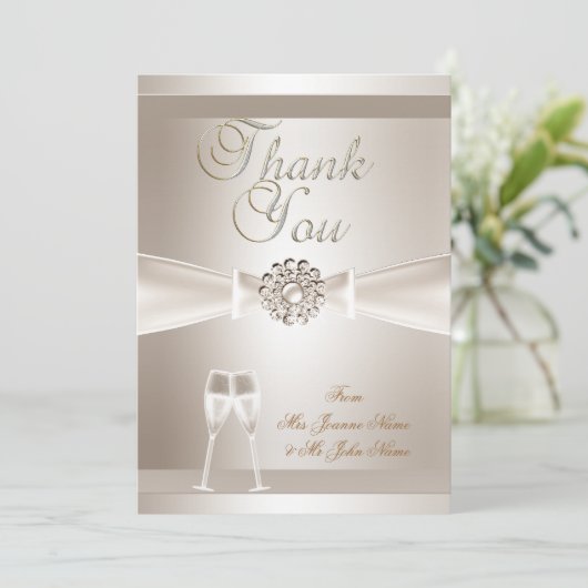 Dank u bruiloft Damask Cream White Champagne Bedankkaart (Staand voorkant)