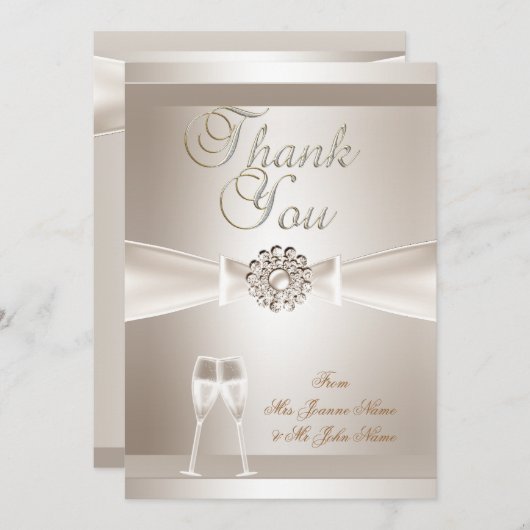 Dank u bruiloft Damask Cream White Champagne Bedankkaart (Voorkant / Achterkant)