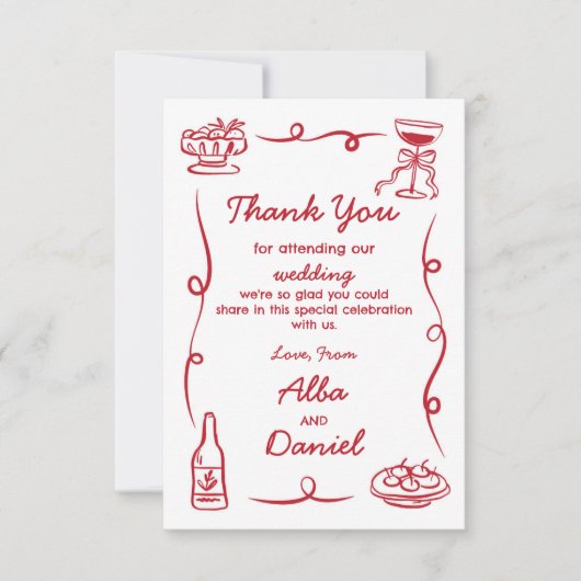 Dank u bruiloft grillige hand getekend rood bedankkaart (Voorkant)