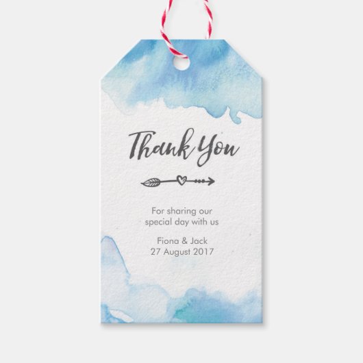 Dank u bruiloft gunst labels in blauwe waterverf cadeaulabel (Voorkant)