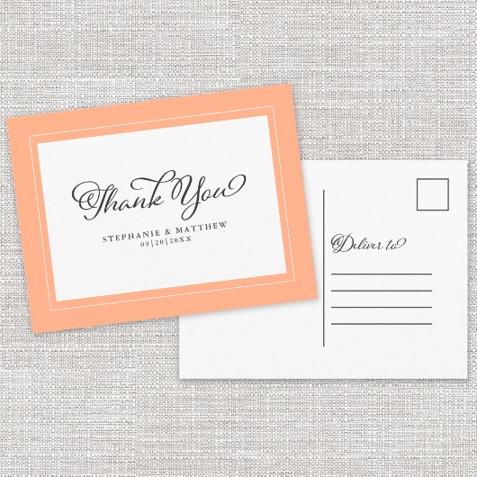 Dank u bruiloft moderne kalligrafie chique perzik briefkaart