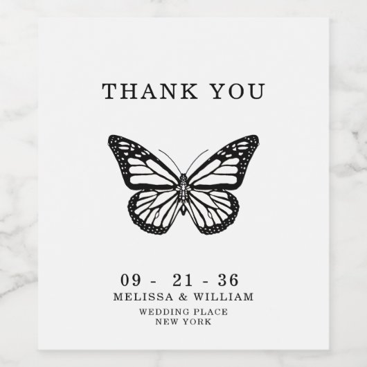 Dank u bruiloft vlinder wijn etiket (Enkel label)