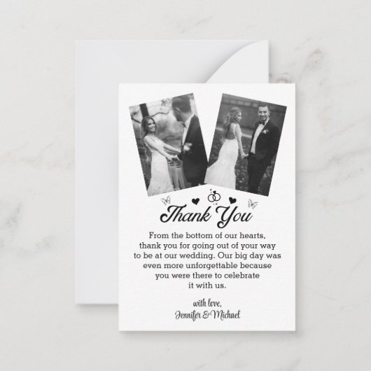 Dank u bruiloft zwart-wit 3 foto's notitiekaartje (Achterkant)