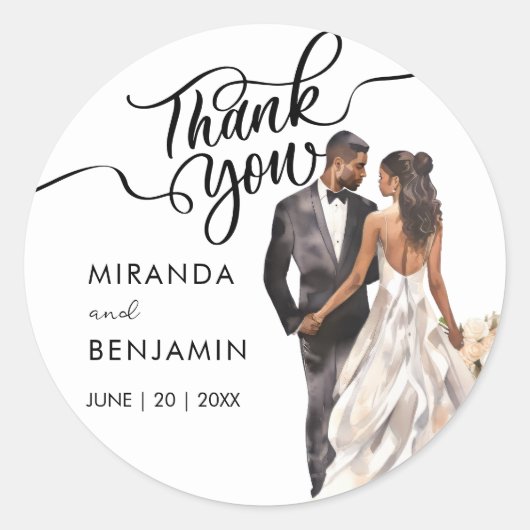 Dank u bruiloft zwarte bruid bruidegom Waterverf Ronde Sticker (Voorkant)