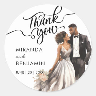 Dank u bruiloft zwarte bruid bruidegom Waterverf Ronde Sticker