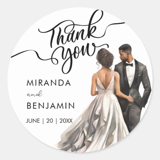 Dank u bruiloft zwarte bruid bruidegom Waterverf Ronde Sticker (Voorkant)