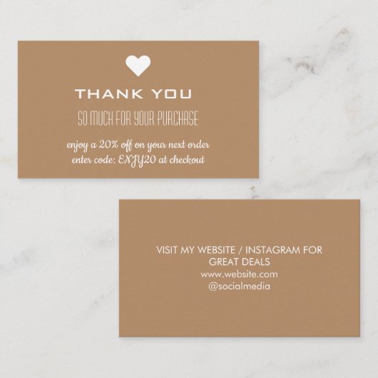 Dank u bruin korting hart visitekaartje (Voorkant / Achterkant)