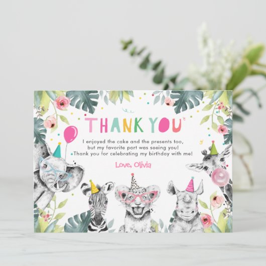 Dank u Card Party Dieren Meisje Safari Verjaardag Kaart (Staand voorkant)