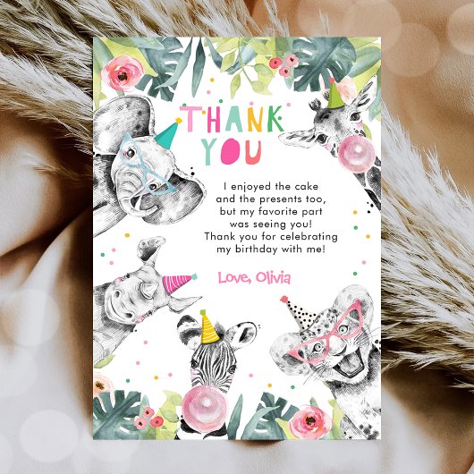 Dank u Card Party Dieren Meisje Safari Verjaardag Kaart