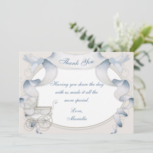 Dank u Carriage Ivory Blue Gingham Bedankkaart (Staand voorkant)