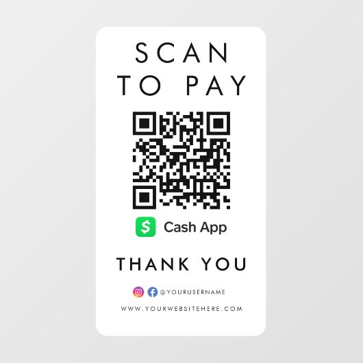 Dank u CashApp Modern Scan aan Pay QR Code White Raamsticker (Vel)