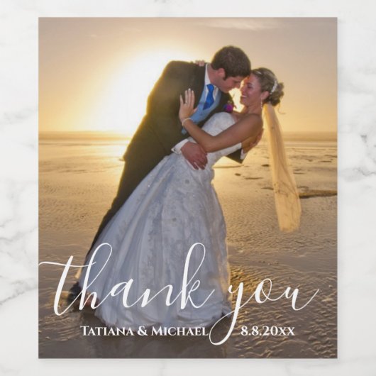 Dank u, chique kalligrafie trouwfoto wijn etiket (Enkel label)