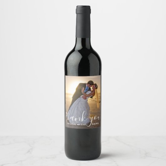 Dank u, chique kalligrafie trouwfoto wijn etiket (Voorkant)
