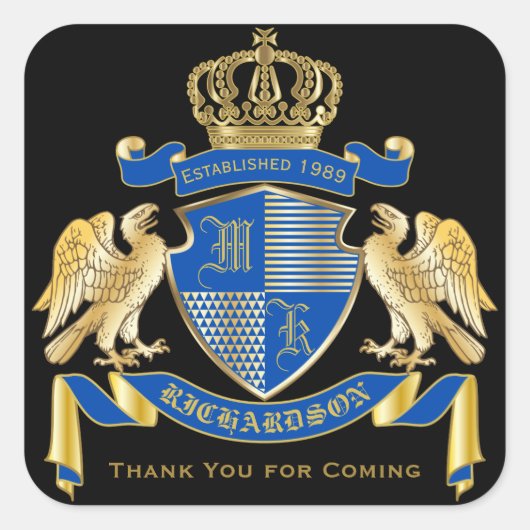 Dank u Coat of Arms Blue Gold Eagle Embleem Vierkante Sticker (Voorkant)