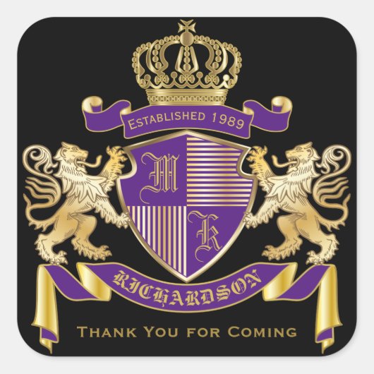 Dank u Coat of Arms Monogram Gouden Leeuw Embleem Vierkante Sticker (Voorkant)