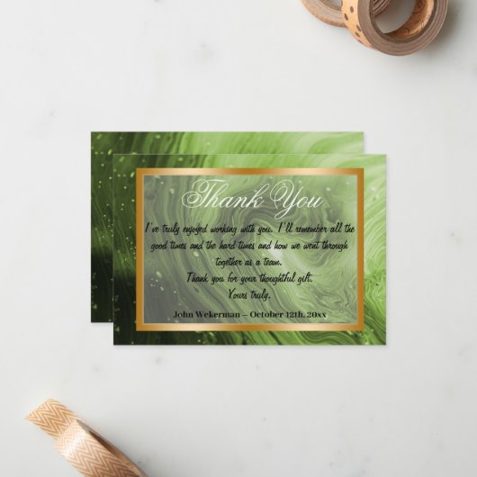 Dank U collega & Licht Groen Marmer, Goud Notitiekaartje (Voorkant / Achterkant in situ)