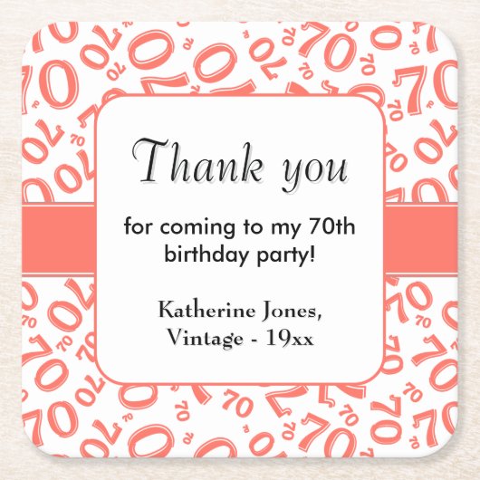 Dank u: Coral/White 70th Random Number Pattern Kartonnen Onderzetters (Voorkant)
