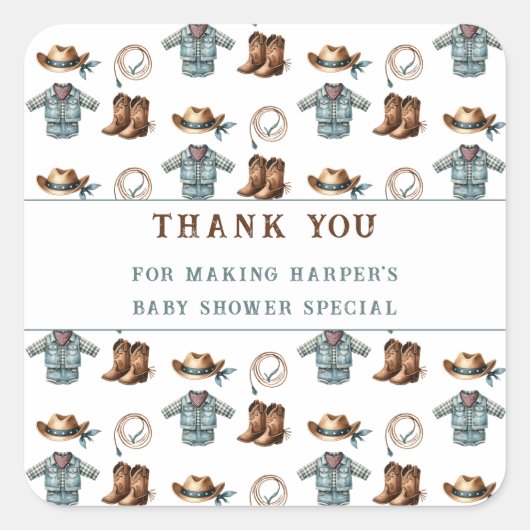 Dank u Cowboy Pattern Baby shower Vierkante Sticker (Voorkant)