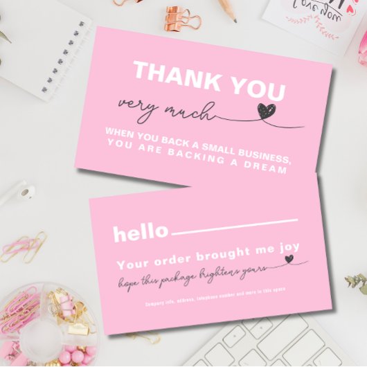 Dank u Customer appreciation note Roze hart Visitekaartje