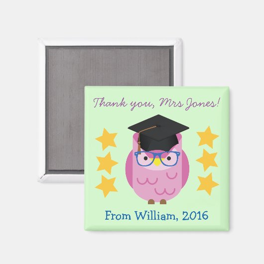 Dank u Docent (Jouw naam) Paarse Uil Magnet (Voorkant / Achterkant)