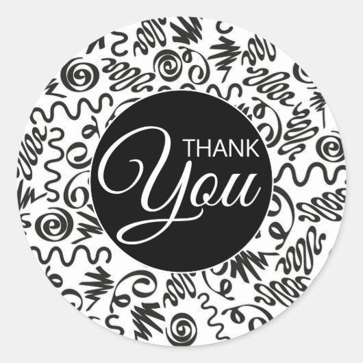 Dank u Doodle krullen zwart en wit Ronde Sticker (Voorkant)