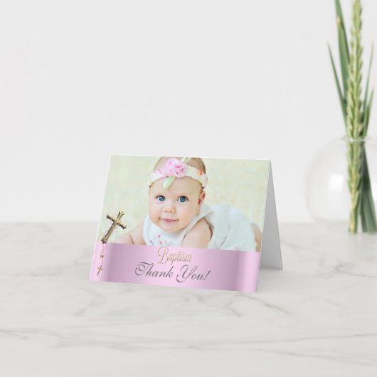 Dank u Doop Roze Kruis Meisje kant 2 Bedankkaart (Voorkant)