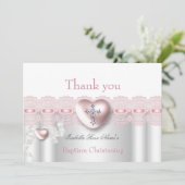 Dank u Doop Roze Zilveren Foto Hart Kruis Bedankkaart (Staand voorkant)