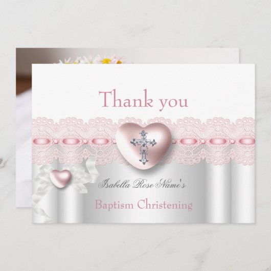 Dank u Doop Roze Zilveren Foto Hart Kruis Bedankkaart (Voorkant / Achterkant)