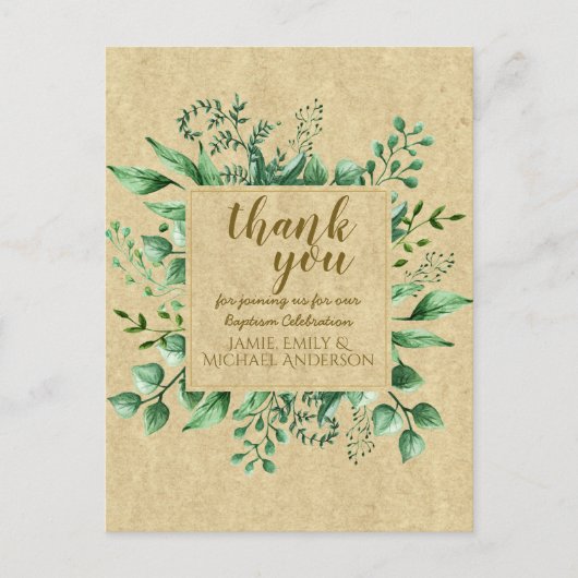 Dank U Doop Rustieke Botanische Bladeren Briefkaart (Voorkant)