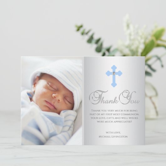 DANK U doopcommunie Cross Blue BOY Kaart (Staand voorkant)
