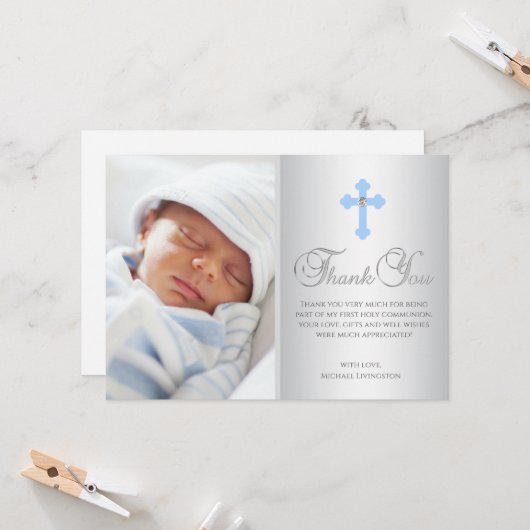 DANK U doopcommunie Cross Blue BOY Kaart (Voorkant / Achterkant in situ)