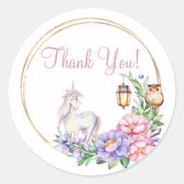 Dank u Eenhoorn Uil Waterverf Bloemen Ronde Sticker