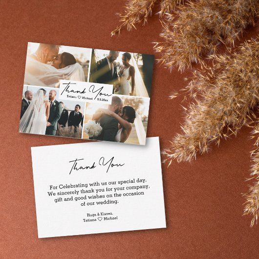 Dank u eenvoudige bruiloft 4 foto budget notitiekaartje