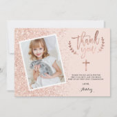 Dank u eerste Roos gouden glitter communie foto Bedankkaart (Voorkant)