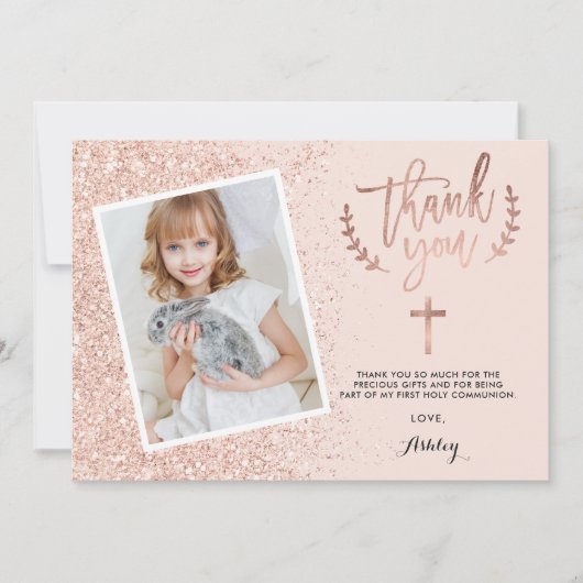 Dank u eerste Roos gouden glitter communie foto Bedankkaart (Voorkant)