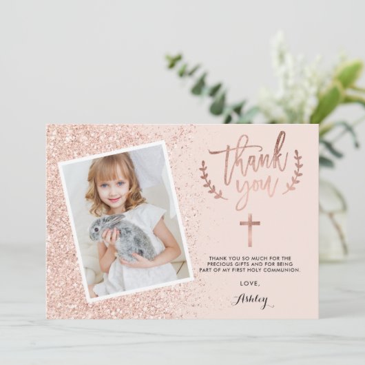 Dank u eerste Roos gouden glitter communie foto Bedankkaart (Staand voorkant)